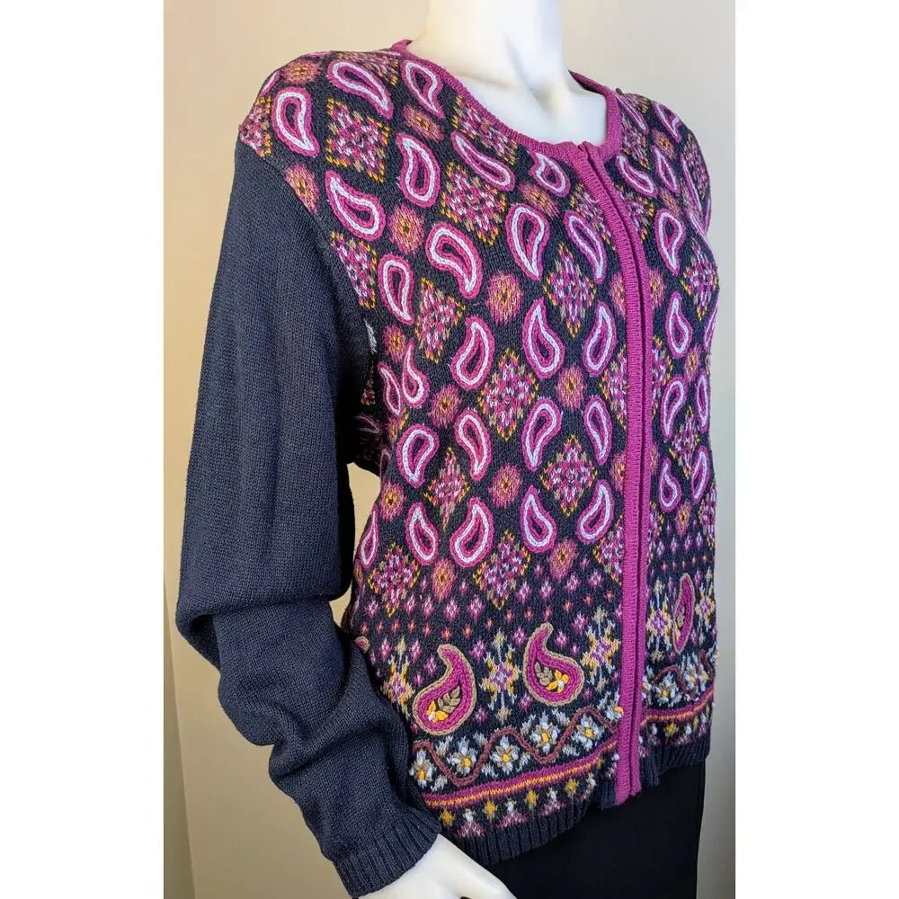 Joan Leslie Cardigan Sweater XL Berry Blue Paisley Embroidered Boho VTG NEW - Picture 3 of 12